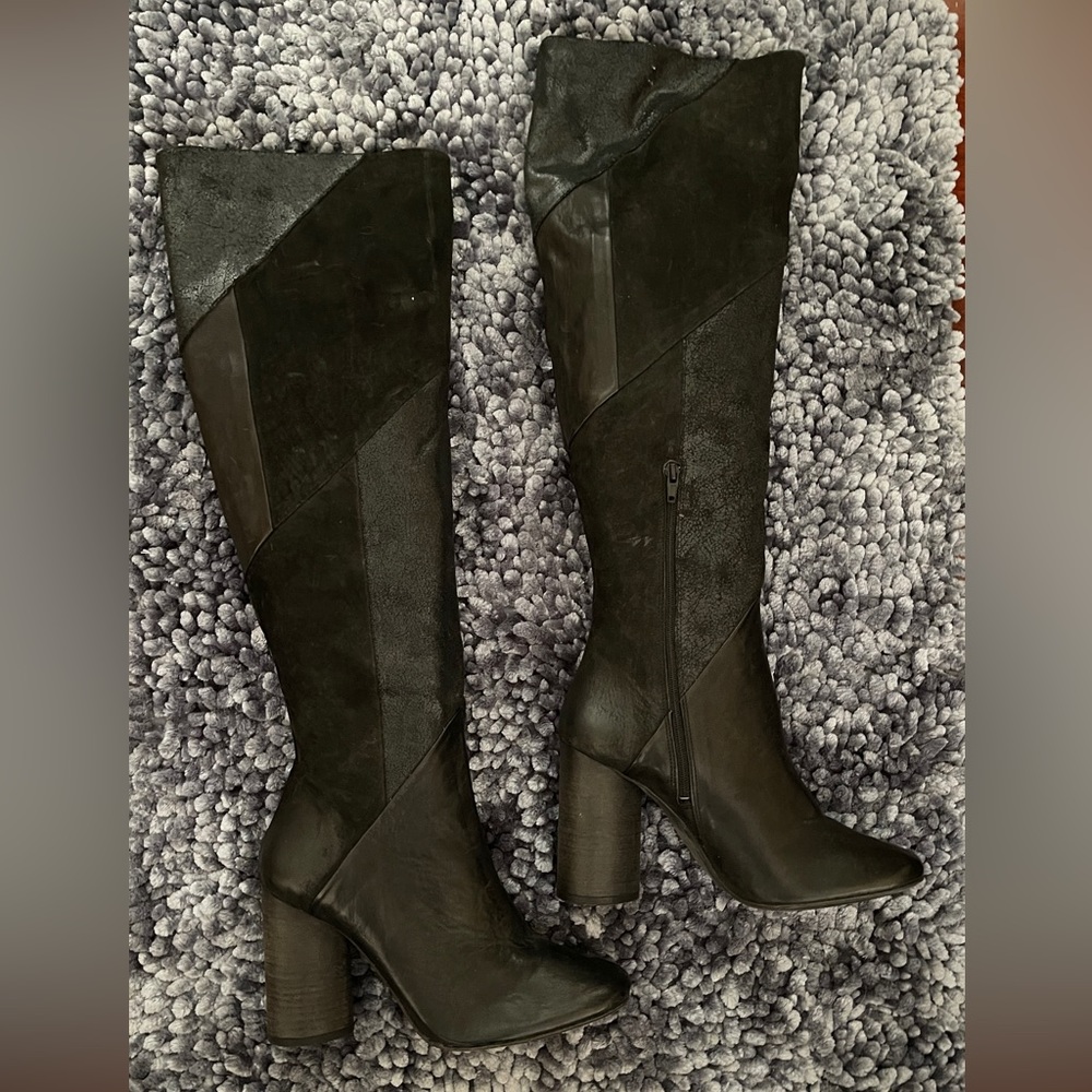 Free People Black Knee-High Block Heel Boots